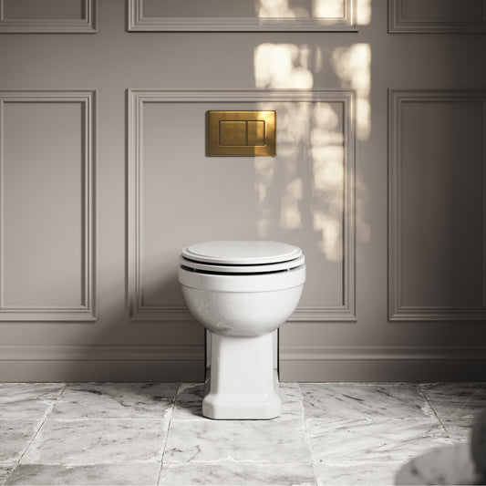 Portland Back To Wall Traditional Toilet With Solid Oak Matte White Seat with Concealed Cistern and Brushed Gold Flush Plate
