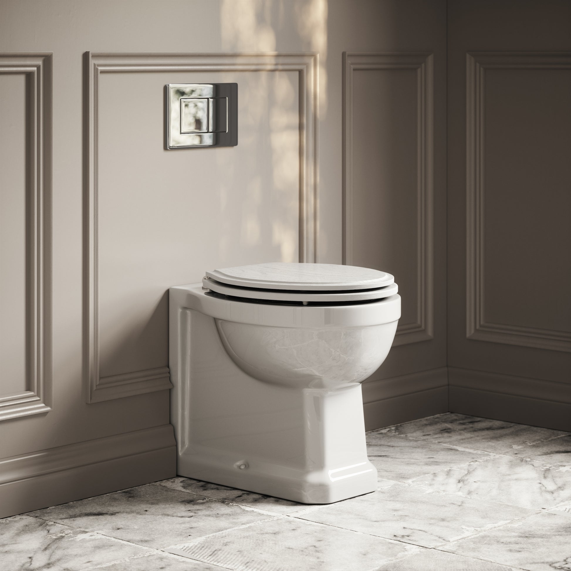 Portland Back To Wall Traditional Toilet With Solid Oak Matte White Seat with Concealed Cistern and Chrome Flush Plate