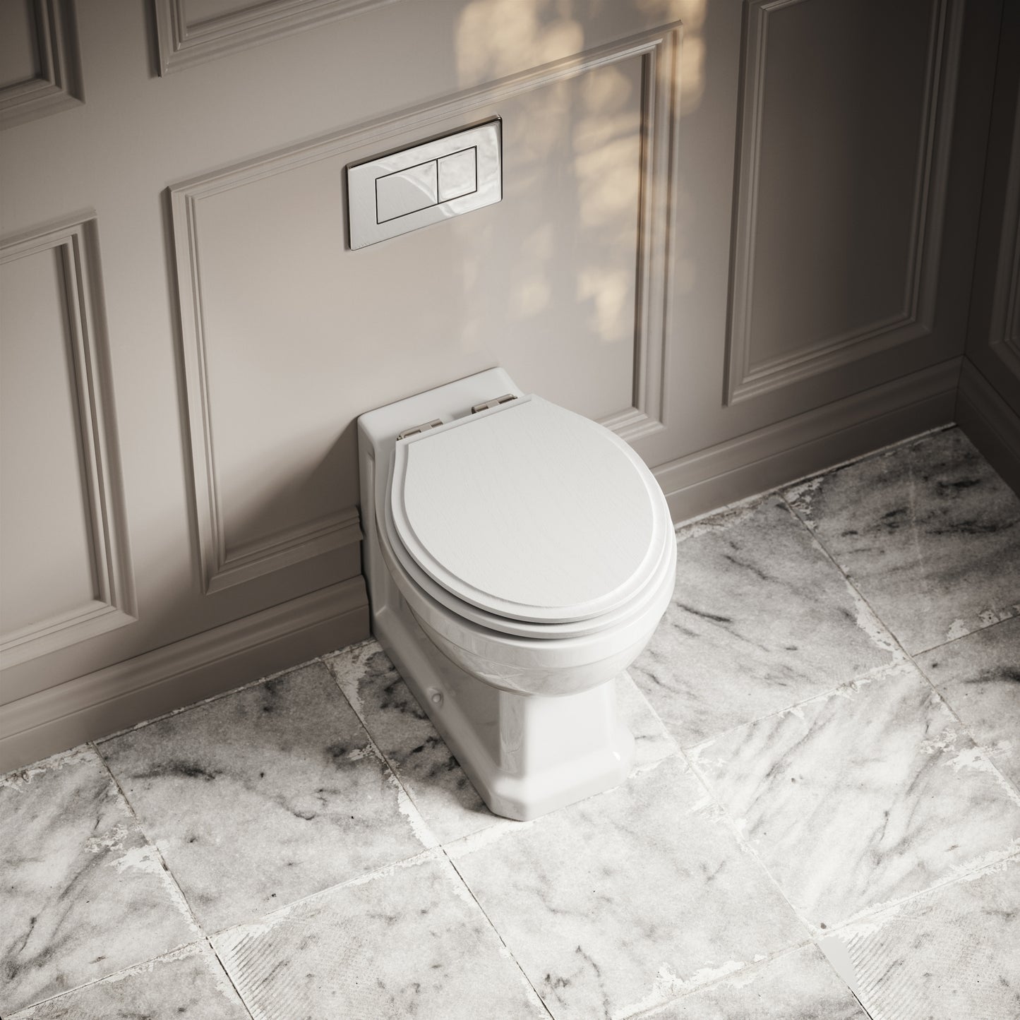 Portland Back To Wall Traditional Toilet With Solid Oak Matte White Seat with Concealed Cistern and Chrome Flush Plate