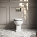 Portland Back To Wall Traditional Toilet With Solid Oak Matte White Seat with Concealed Cistern and Chrome Flush Plate