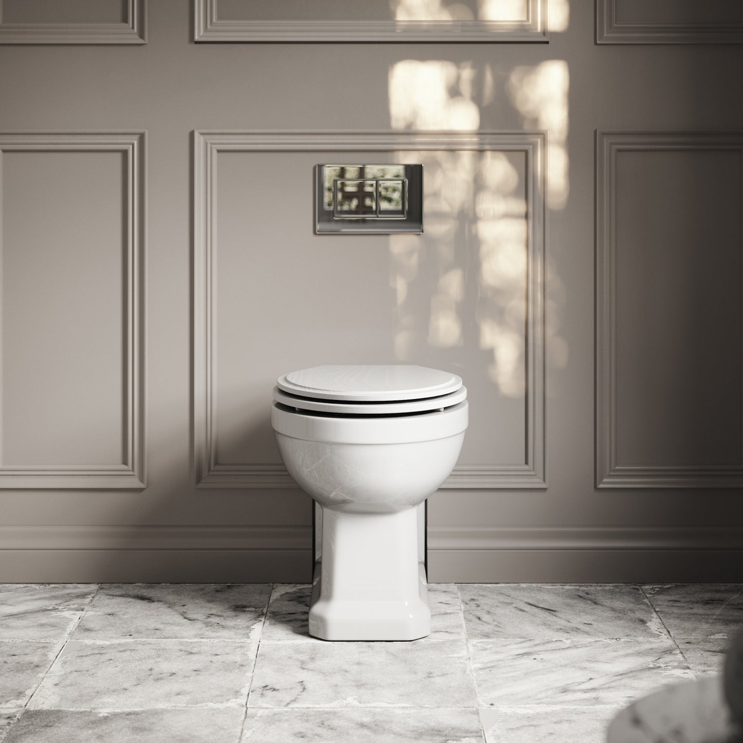 Portland Back To Wall Traditional Toilet With Solid Oak Matte White Seat with Concealed Cistern and Chrome Flush Plate