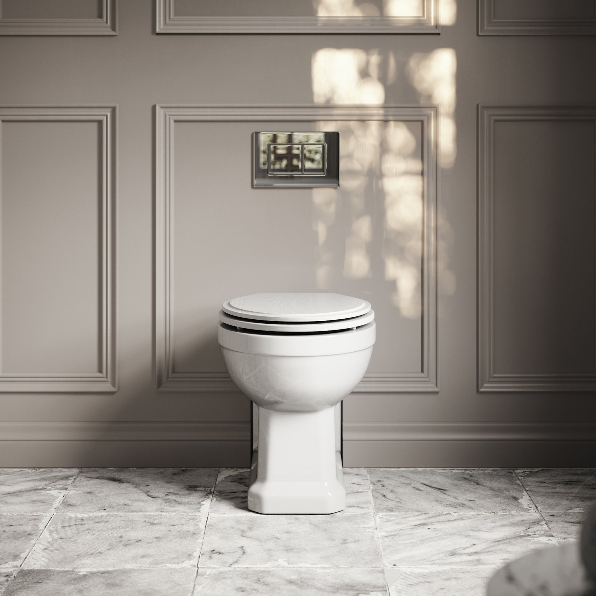 Portland Back To Wall Traditional Toilet With Solid Oak Matte White Seat with Concealed Cistern and Chrome Flush Plate
