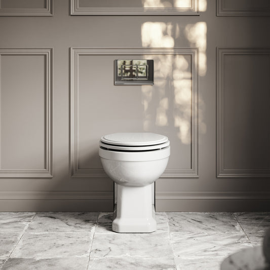 Portland Back To Wall Traditional Toilet With Solid Oak Matte White Seat with Concealed Cistern and Chrome Flush Plate