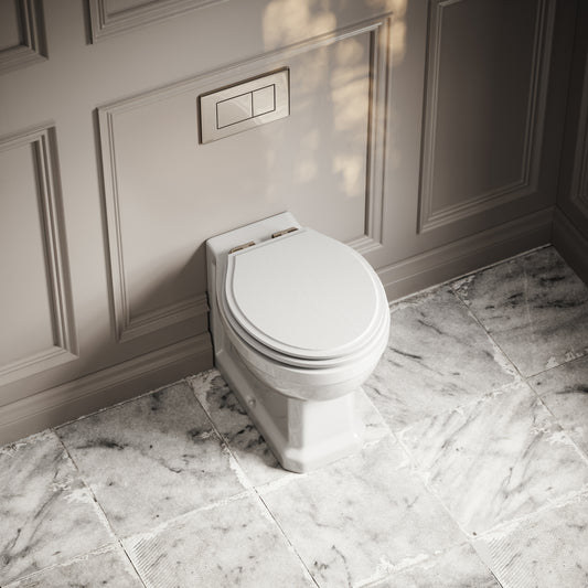 Portland Back To Wall Traditional Toilet With Solid Oak Matte White Seat with Concealed Cistern and Polished Nickel Flush Plate