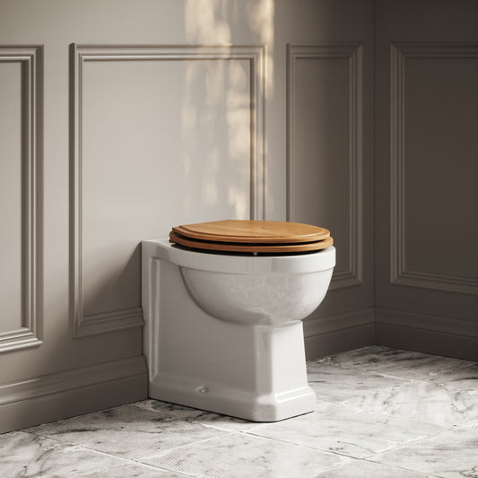Portland Back to Wall Traditional Toilet with Solid Oak seat (Brushed Gold Fittings)