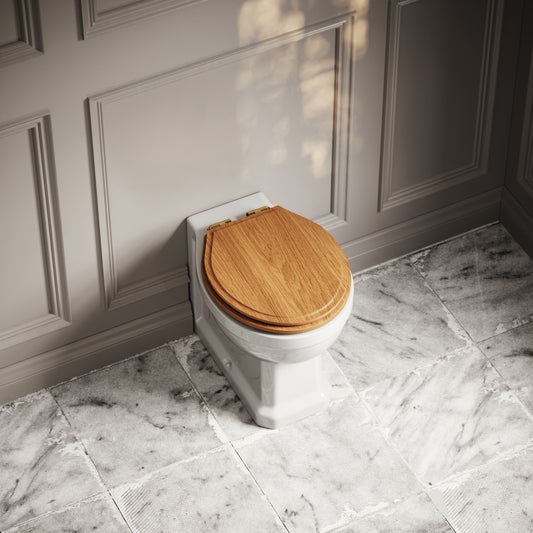 Portland Back to Wall Traditional Toilet with Solid Oak seat (Brushed Gold Fittings)