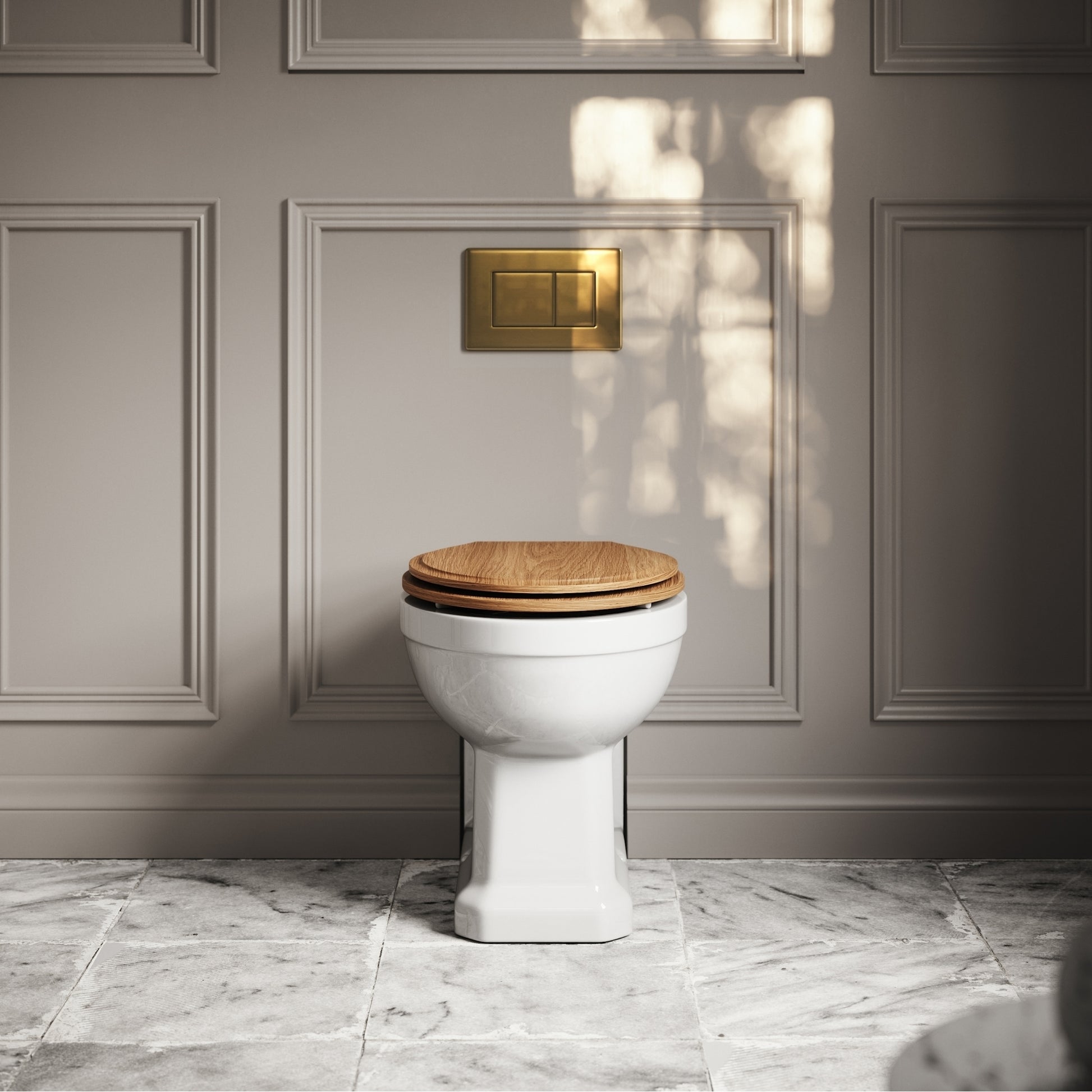 Portland Back To Wall Traditional Toilet With Solid Oak Seat with Concealed Cistern and Brushed Gold Flush Plate