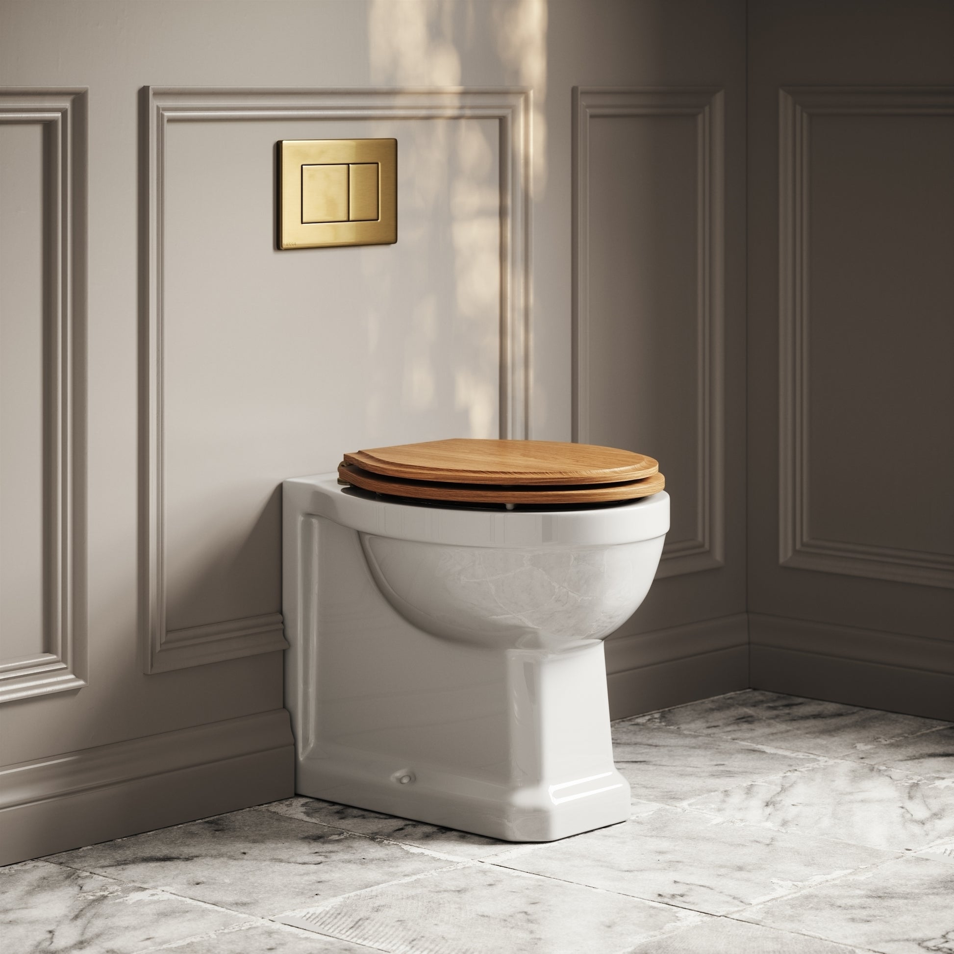 Portland Back To Wall Traditional Toilet With Solid Oak Seat with Concealed Cistern and Brushed Gold Flush Plate