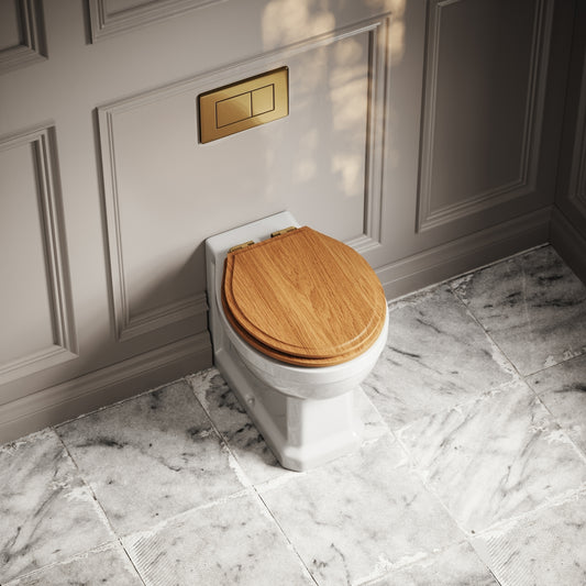 Portland Back To Wall Traditional Toilet With Solid Oak Seat with Concealed Cistern and Brushed Gold Flush Plate