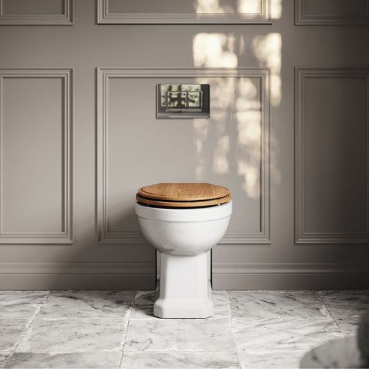 Portland Back To Wall Traditional Toilet With Solid Oak Seat with Concealed Cistern and Chrome Flush Plate
