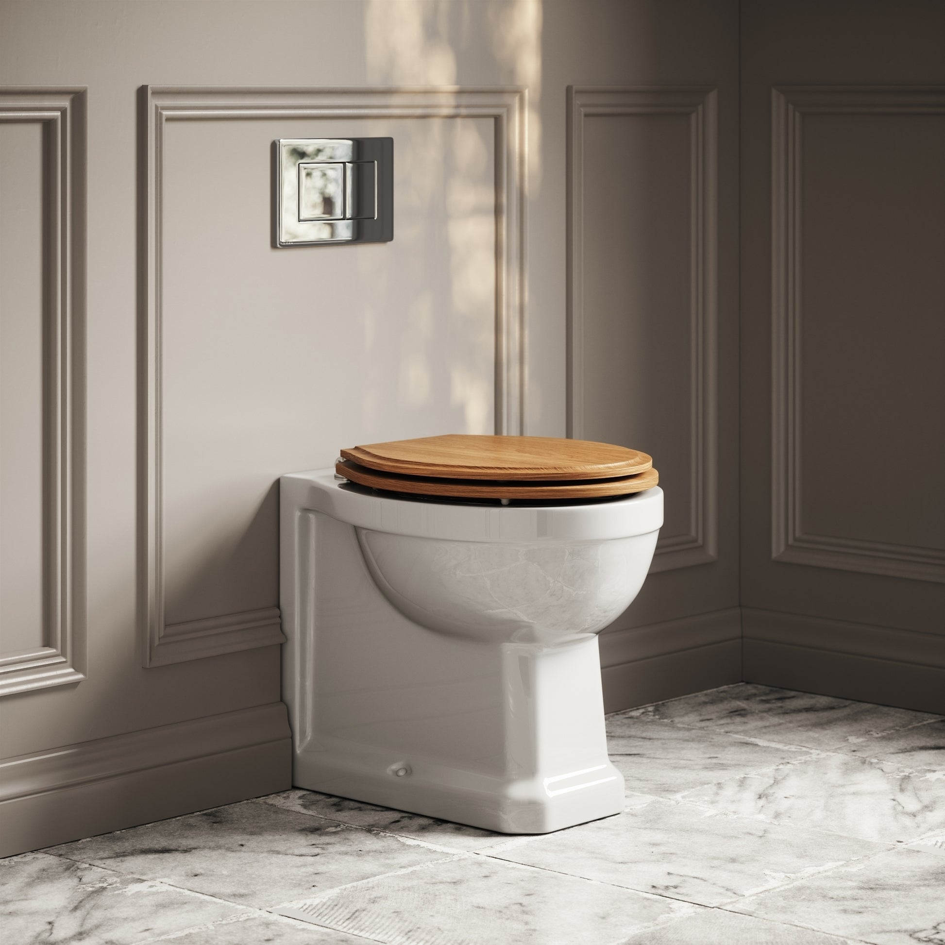 Portland Back To Wall Traditional Toilet With Solid Oak Seat with Concealed Cistern and Chrome Flush Plate