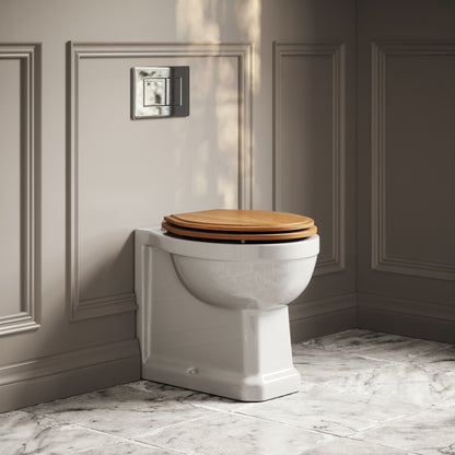 Portland Back To Wall Traditional Toilet With Solid Oak Seat with Concealed Cistern and Chrome Flush Plate