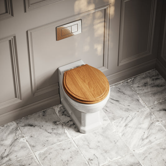 Portland Back To Wall Traditional Toilet With Solid Oak Seat with Concealed Cistern and Chrome Flush Plate