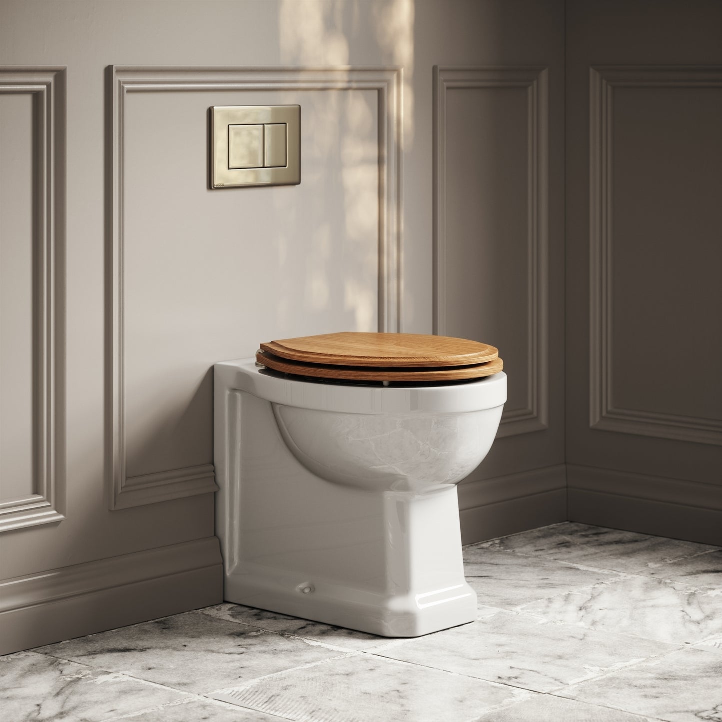 Portland Back To Wall Traditional Toilet With Solid Oak Seat with Concealed Cistern and Polished Nickel Flush Plate