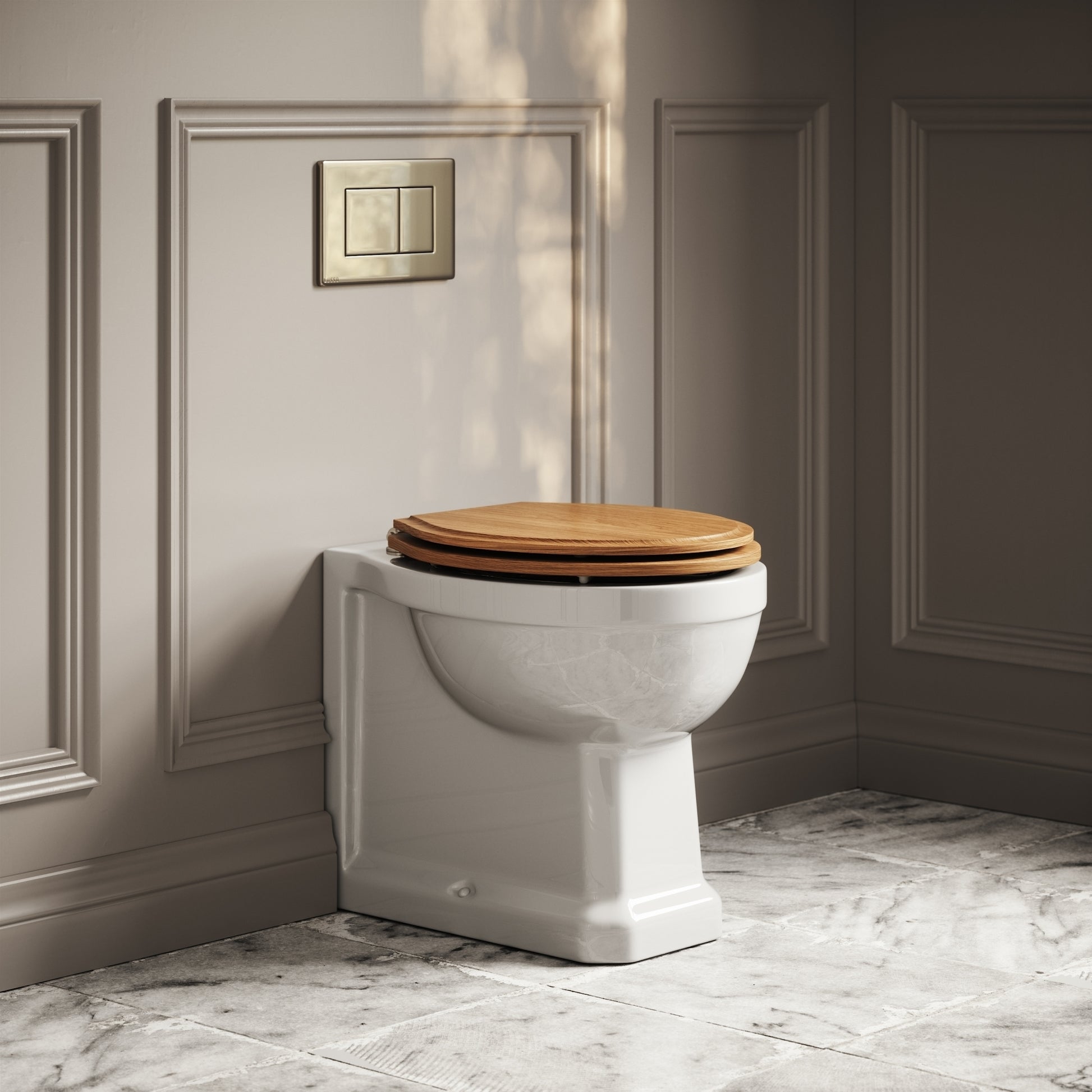 Portland Back To Wall Traditional Toilet With Solid Oak Seat with Concealed Cistern and Polished Nickel Flush Plate