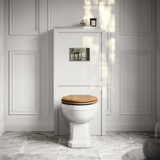 Portland Back To Wall Traditional Toilet With Solid Oak Seat, Concealed Cistern, Flush Plate and Claridge Matte Cream WC Cistern Housing