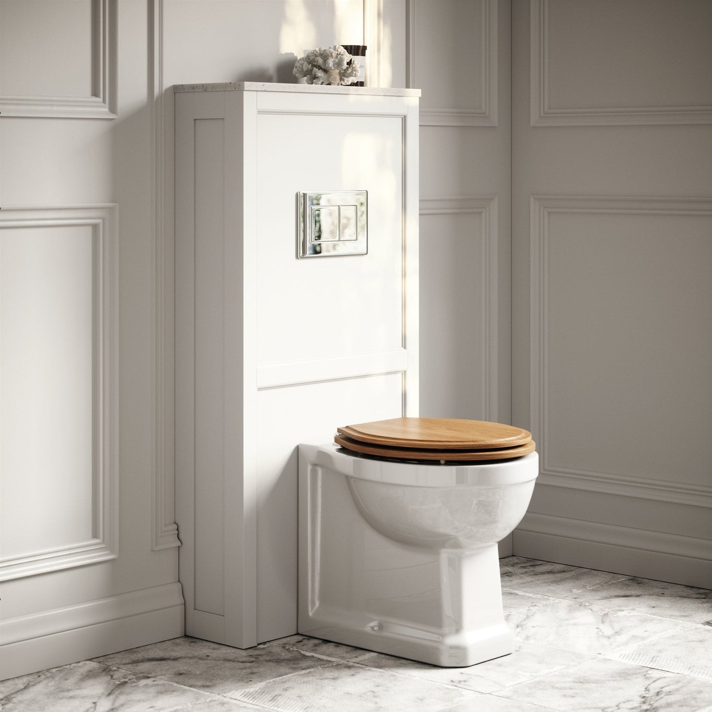 Portland Back To Wall Traditional Toilet With Solid Oak Seat, Concealed Cistern, Flush Plate and Claridge Matte Cream WC Cistern Housing