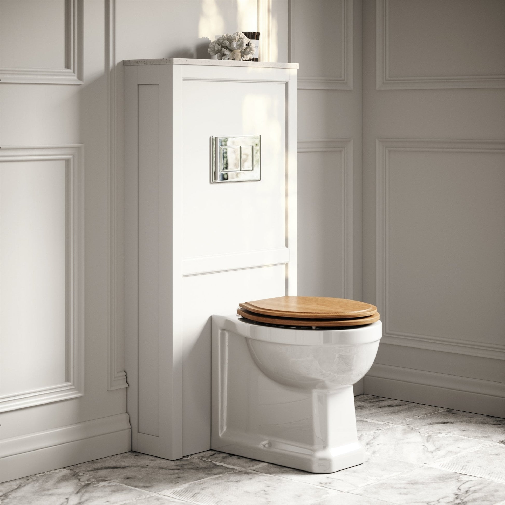 Portland Back To Wall Traditional Toilet With Solid Oak Seat, Concealed Cistern, Flush Plate and Claridge Matte Cream WC Cistern Housing