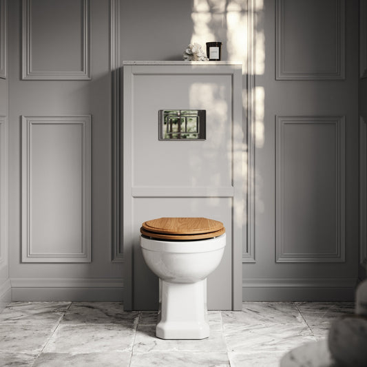 Portland Back To Wall Traditional Toilet With Solid Oak Seat, Concealed Cistern, Flush Plate and Claridge Matte Stone WC Cistern Housing