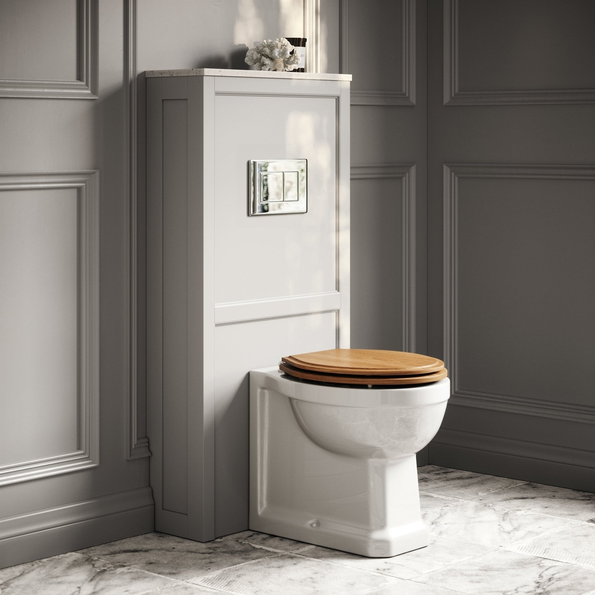 Portland Back To Wall Traditional Toilet With Solid Oak Seat, Concealed Cistern, Flush Plate and Claridge Matte Stone WC Cistern Housing