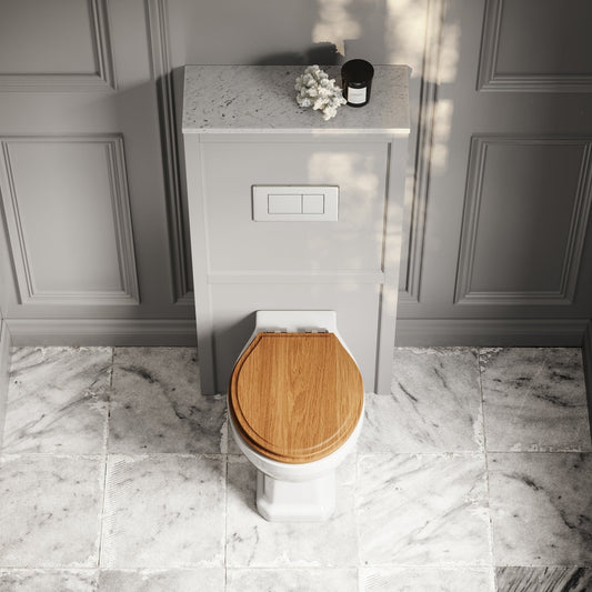 Portland Back To Wall Traditional Toilet With Solid Oak Seat, Concealed Cistern, Flush Plate and Claridge Matte Stone WC Cistern Housing