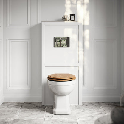 Portland Back To Wall Traditional Toilet With Solid Oak Seat, Concealed Cistern, Flush Plate and Claridge Matte White WC Cistern Housing.