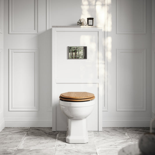 Portland Back To Wall Traditional Toilet With Solid Oak Seat, Concealed Cistern, Flush Plate and Claridge Matte White WC Cistern Housing.