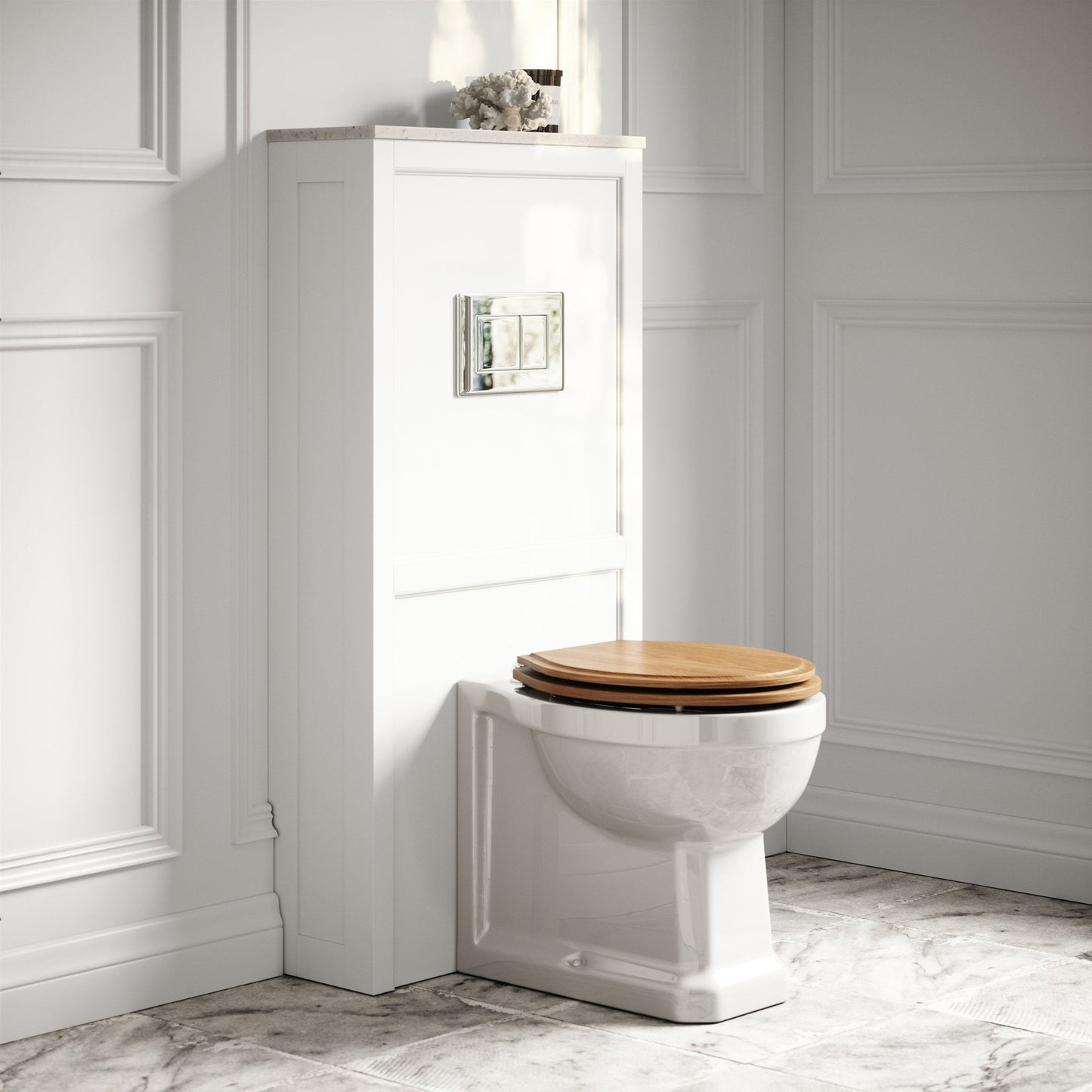 Portland Back To Wall Traditional Toilet With Solid Oak Seat, Concealed Cistern, Flush Plate and Claridge Matte White WC Cistern Housing.