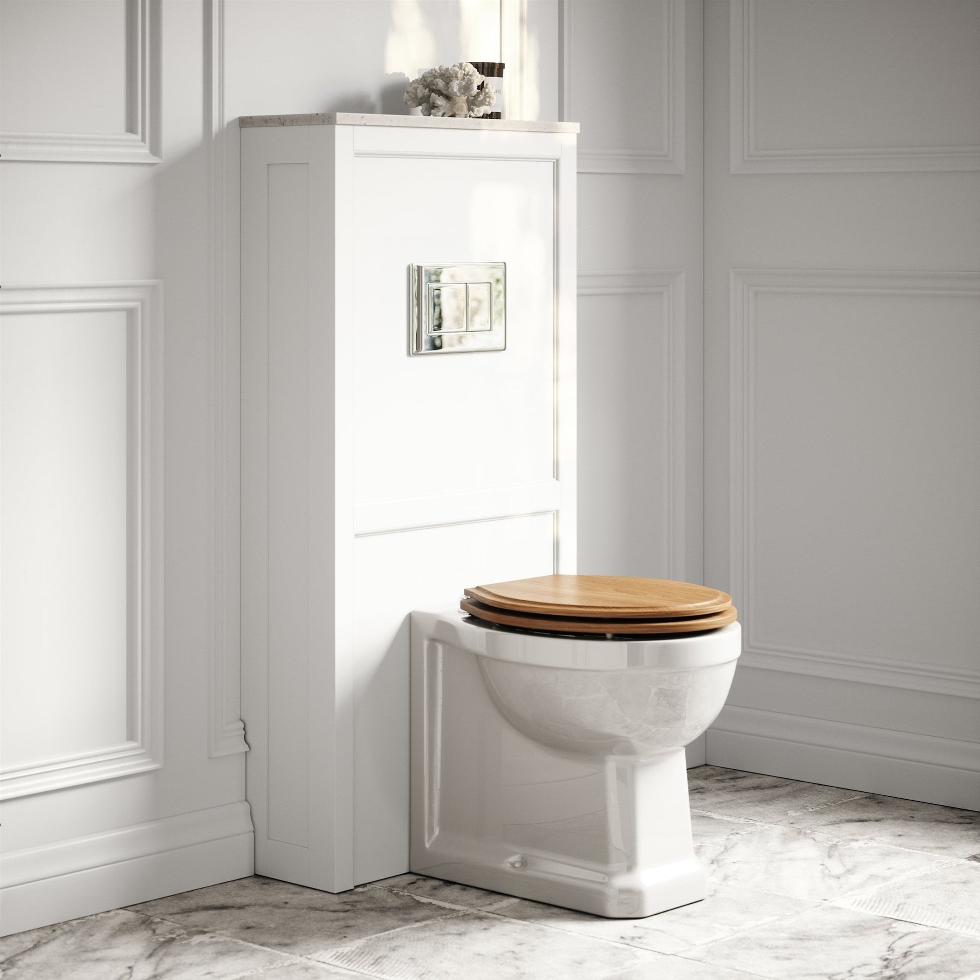 Portland Back To Wall Traditional Toilet With Solid Oak Seat, Concealed Cistern, Flush Plate and Claridge Matte White WC Cistern Housing.