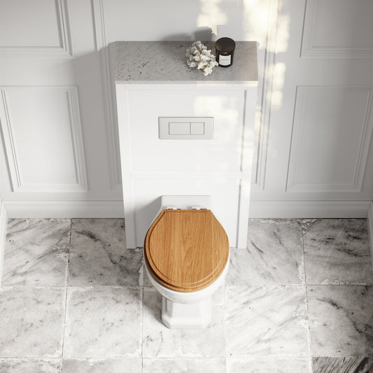Portland Back To Wall Traditional Toilet With Solid Oak Seat, Concealed Cistern, Flush Plate and Claridge Matte White WC Cistern Housing.
