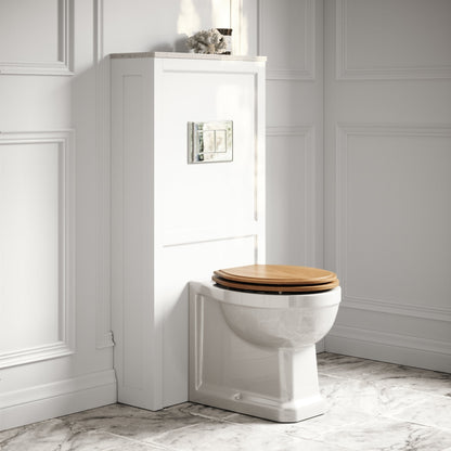 Portland Back To Wall Traditional Toilet With Solid Oak Seat, Concealed Cistern, Flush Plate and Claridge Primed White WC Cistern Housing