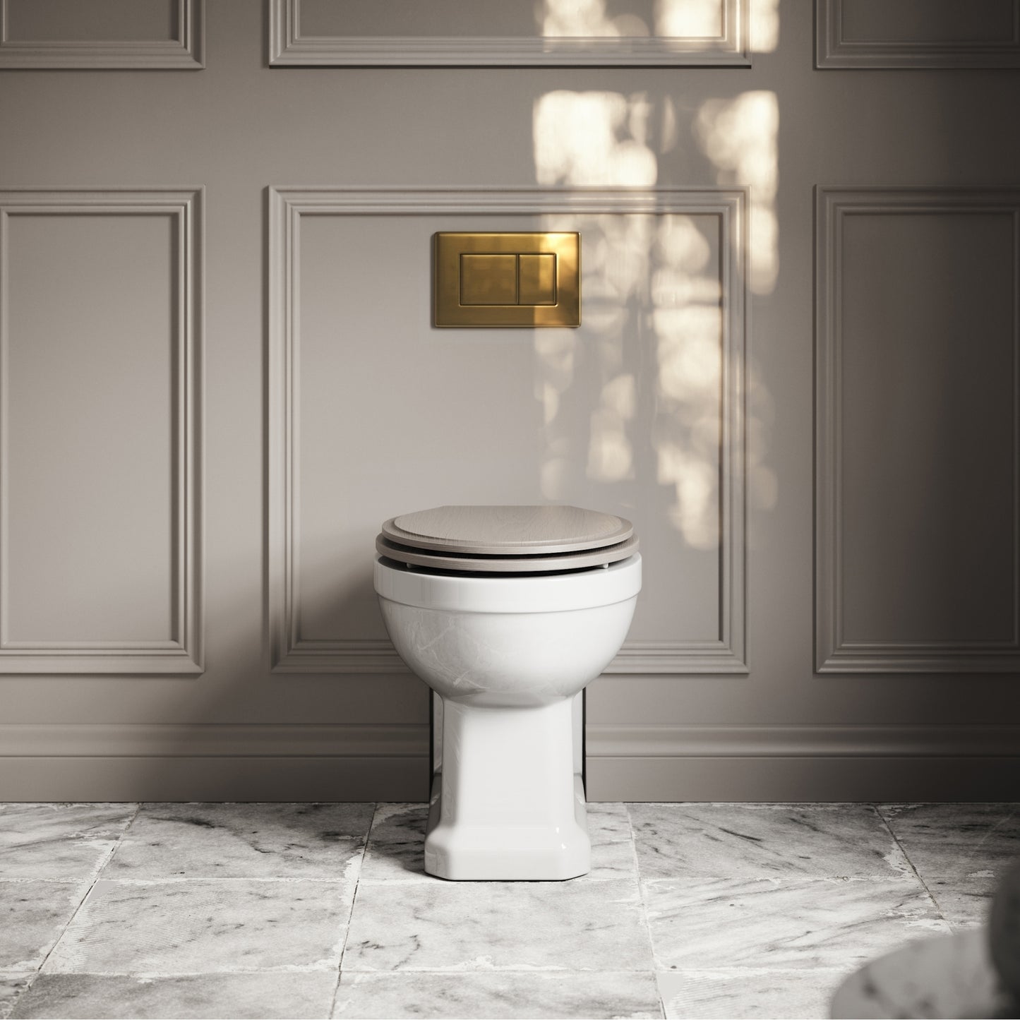 Portland Back To Wall Traditional Toilet With Solid Oak Velvet Beige Seat with Concealed Cistern and Brushed Gold Flush Plate