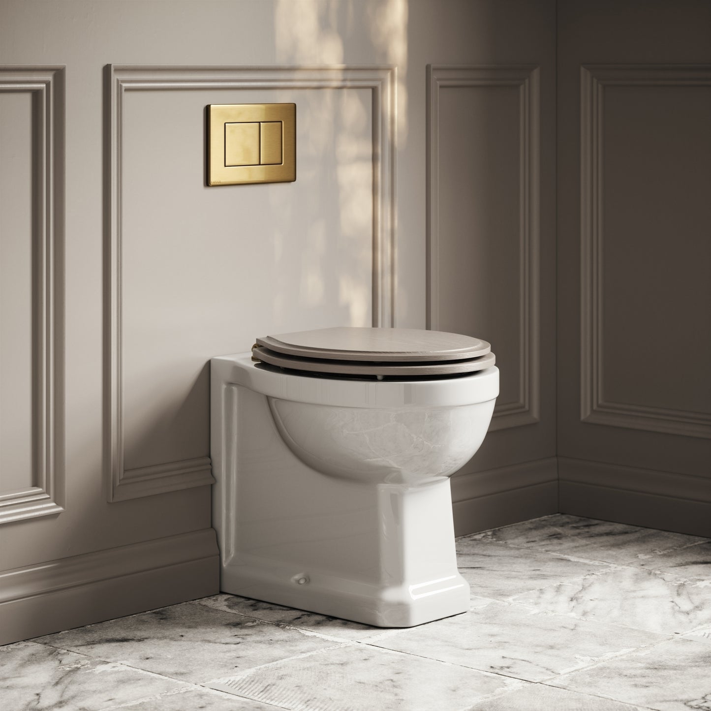 Portland Back To Wall Traditional Toilet With Solid Oak Velvet Beige Seat with Concealed Cistern and Brushed Gold Flush Plate