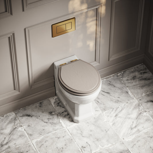 Portland Back To Wall Traditional Toilet With Solid Oak Velvet Beige Seat with Concealed Cistern and Brushed Gold Flush Plate