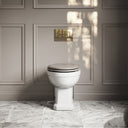 Portland Back To Wall Traditional Toilet With Solid Oak Velvet Beige Seat with Concealed Cistern and Polished Nickel Flush Plate