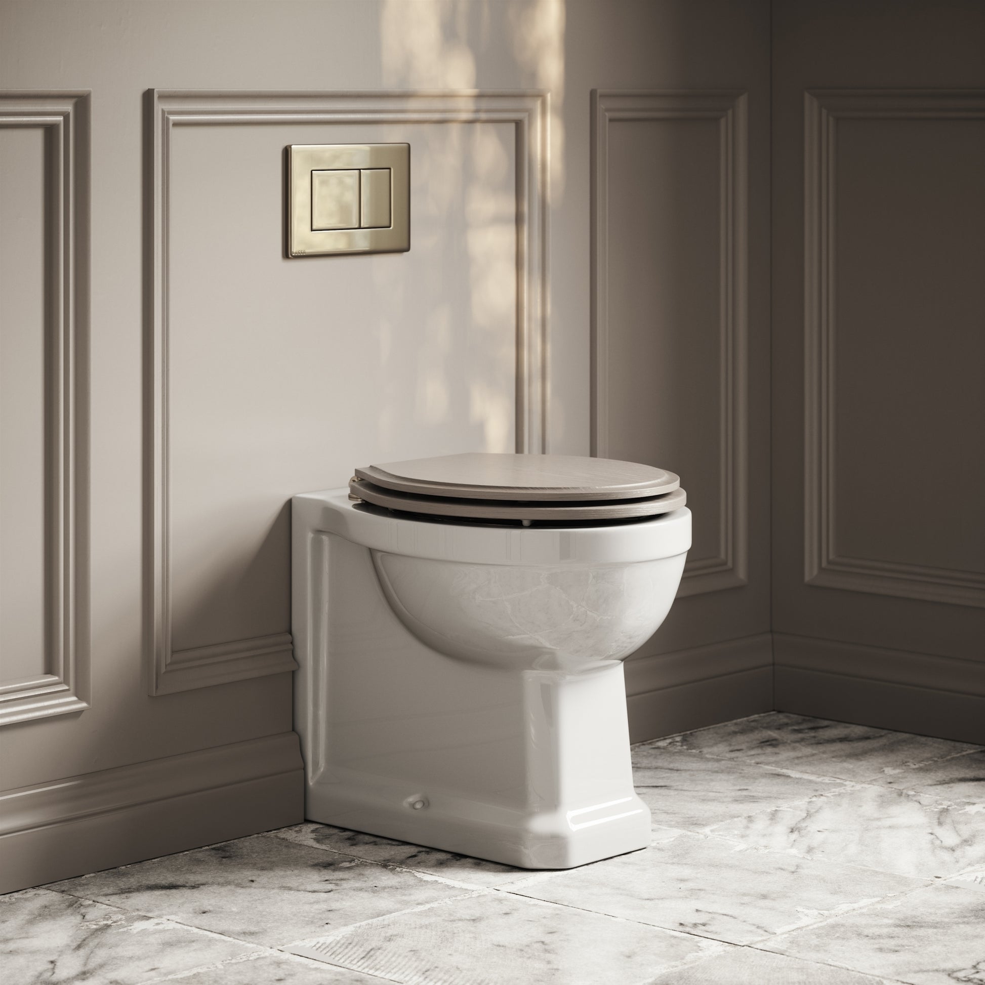 Portland Back To Wall Traditional Toilet With Solid Oak Velvet Beige Seat with Concealed Cistern and Polished Nickel Flush Plate
