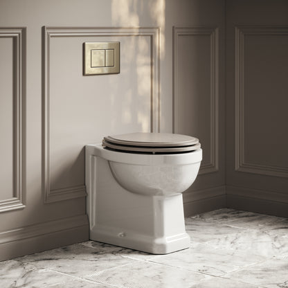 Portland Back To Wall Traditional Toilet With Solid Oak Velvet Beige Seat with Concealed Cistern and Polished Nickel Flush Plate