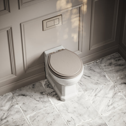 Portland Back To Wall Traditional Toilet With Solid Oak Velvet Beige Seat with Concealed Cistern and Polished Nickel Flush Plate