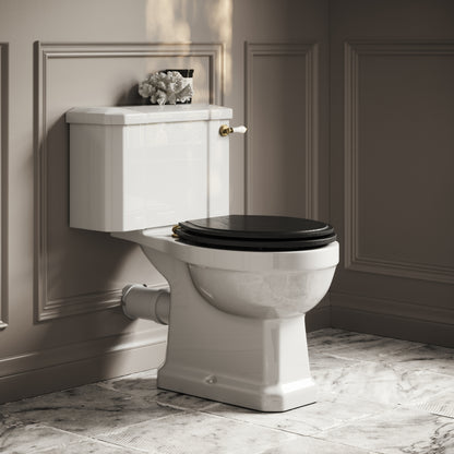 Portland Close Coupled Traditional Toilet with Solid Oak Matte Black seat (Brushed Gold Fittings)