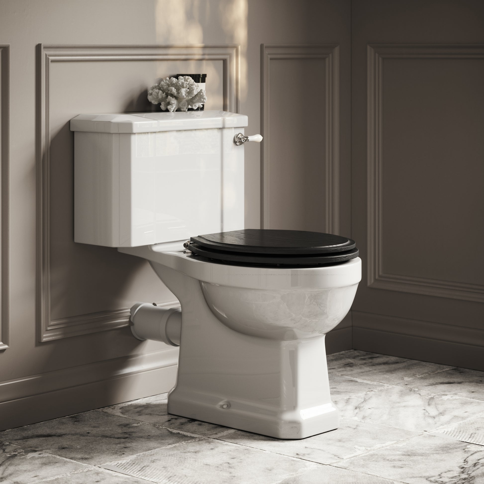Portland Close Coupled Traditional Toilet with Solid Oak Matte Black seat (Chrome Fittings)