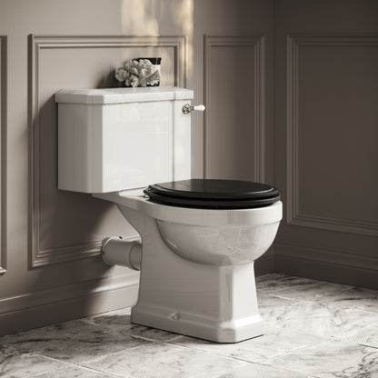 Portland Close Coupled Traditional Toilet with Solid Oak Matte Black seat (Chrome Fittings)