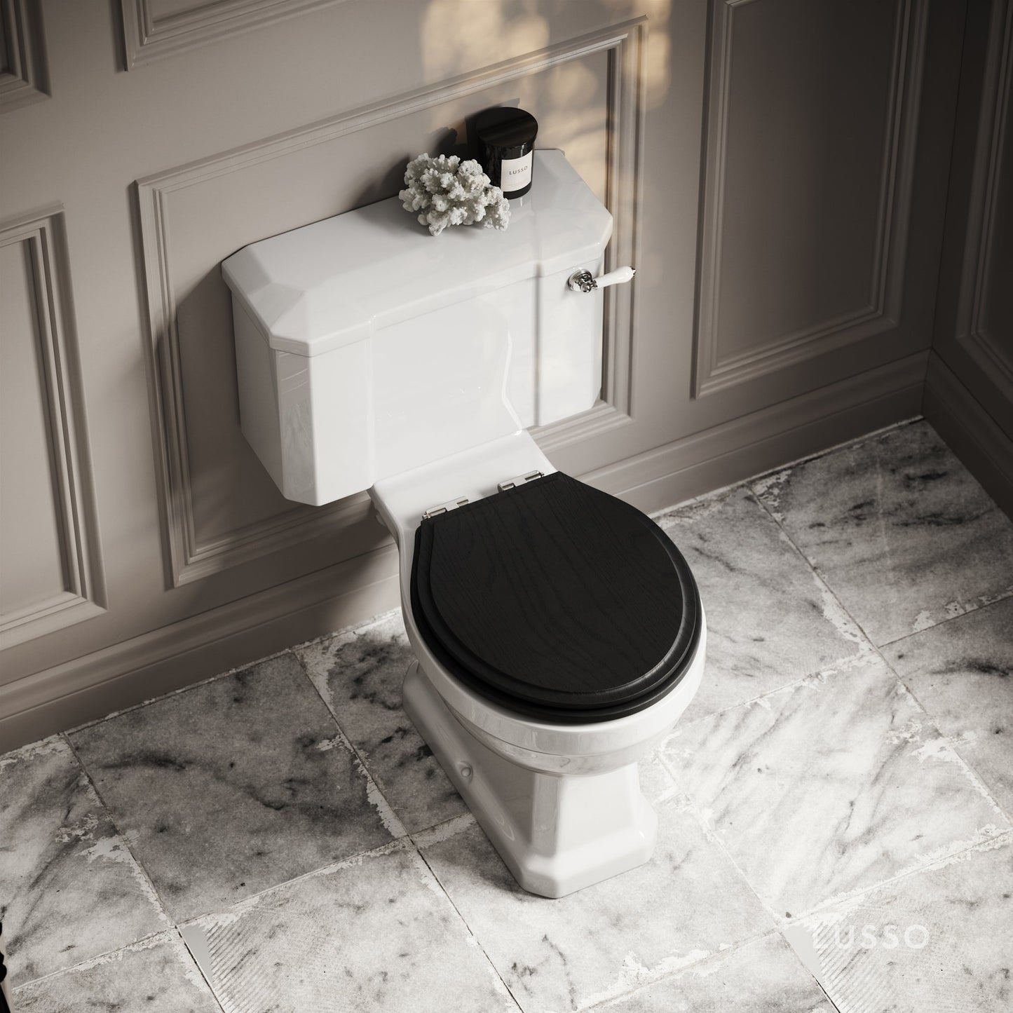 Portland Close Coupled Traditional Toilet with Solid Oak Matte Black seat (Chrome Fittings)