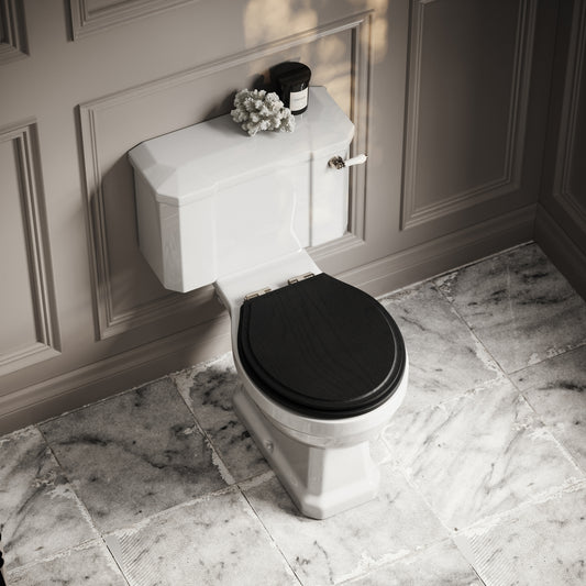 Portland Close Coupled Traditional Toilet with Solid Oak Matte Black seat (Polished Nickel Fittings)