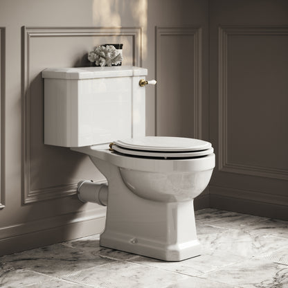Portland Close Coupled Traditional Toilet with Solid Oak Matte White seat (Brushed Gold Fittings)