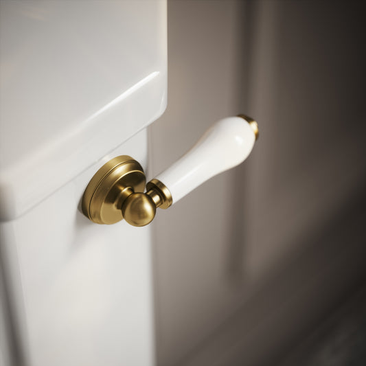 Portland Close Coupled Traditional Toilet with Solid Oak Matte White seat (Brushed Gold Fittings)