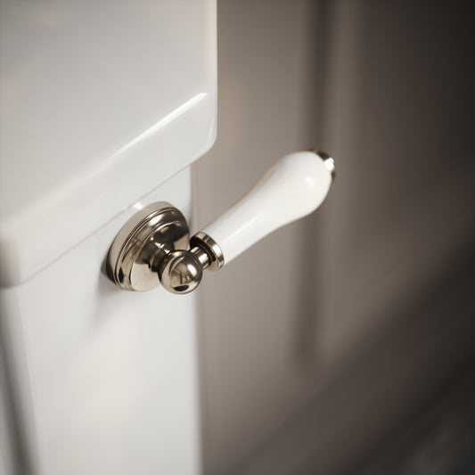 Portland Close Coupled Traditional Toilet with Solid Oak Matte White seat (Polished Nickel Fittings)