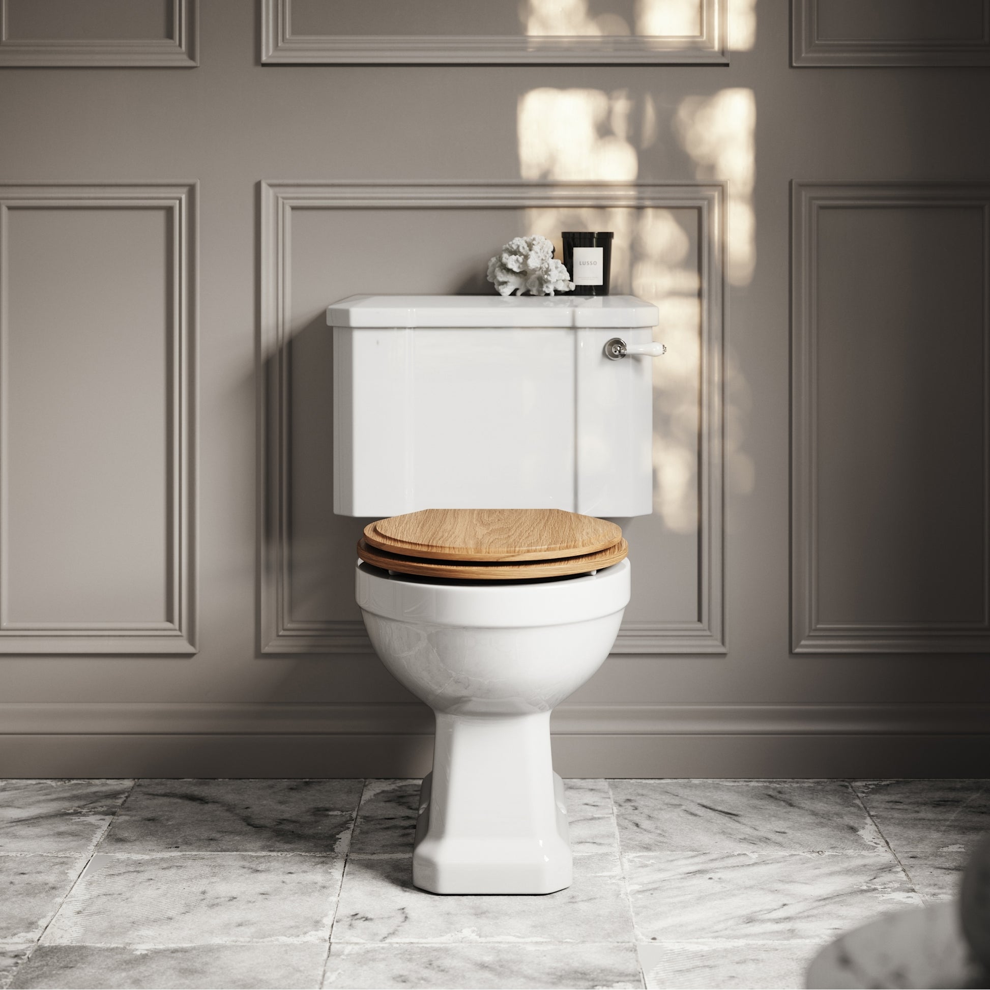 Portland Close Coupled Traditional Toilet with Solid Oak seat (Chrome Fittings)