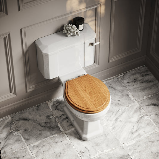 Portland Close Coupled Traditional Toilet with Solid Oak seat (Polished Nickel Fittings)