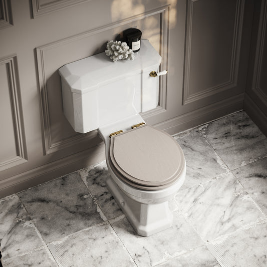 Portland Close Coupled Traditional Toilet with Solid Oak Velvet Beige seat (Brushed Gold Fittings)