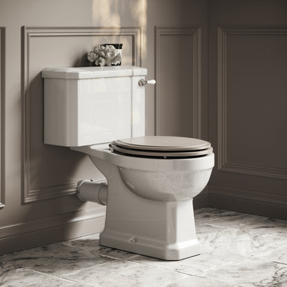 Portland Close Coupled Traditional Toilet with Solid Oak Velvet Beige seat (Chrome Fittings)
